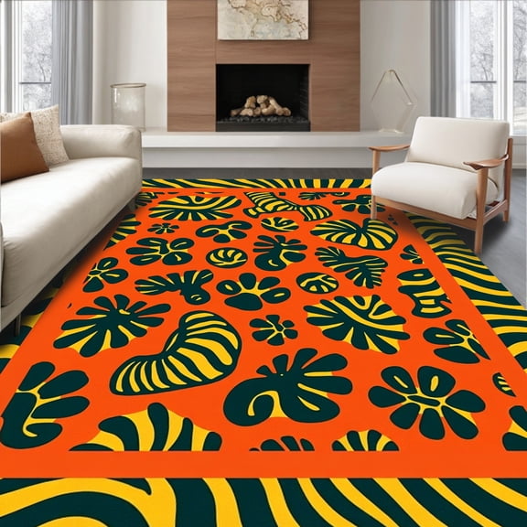 ODIKA 4'x6' Machine Washable Non-Slip Area Rug, Safari Wilderness Expedition Playmat with Zebra Stripes & Lion Prints High Traffic Rug, Orange, 681038