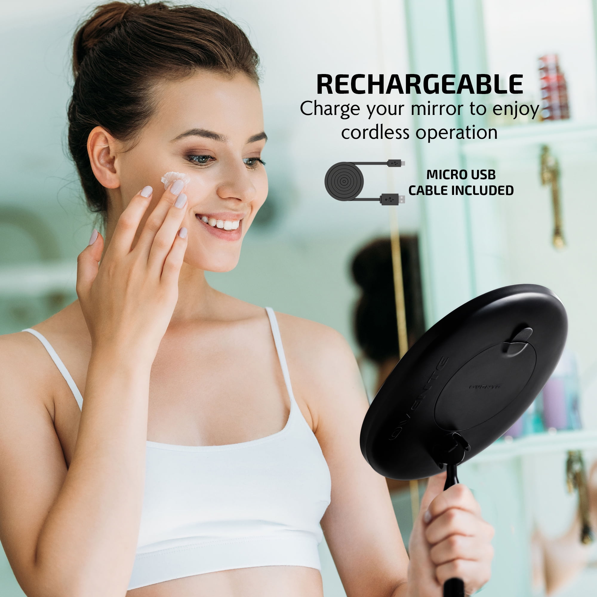 OVENTE 9" Rechargeable Lighted Tabletop Makeup Mirror with Mini Magnetic 10X Magnifying Mirror, Touch Screen Dimmable LED Lights, Portable Vanity Mirror Perfect for Bathroom or Travel, Black MOT22B