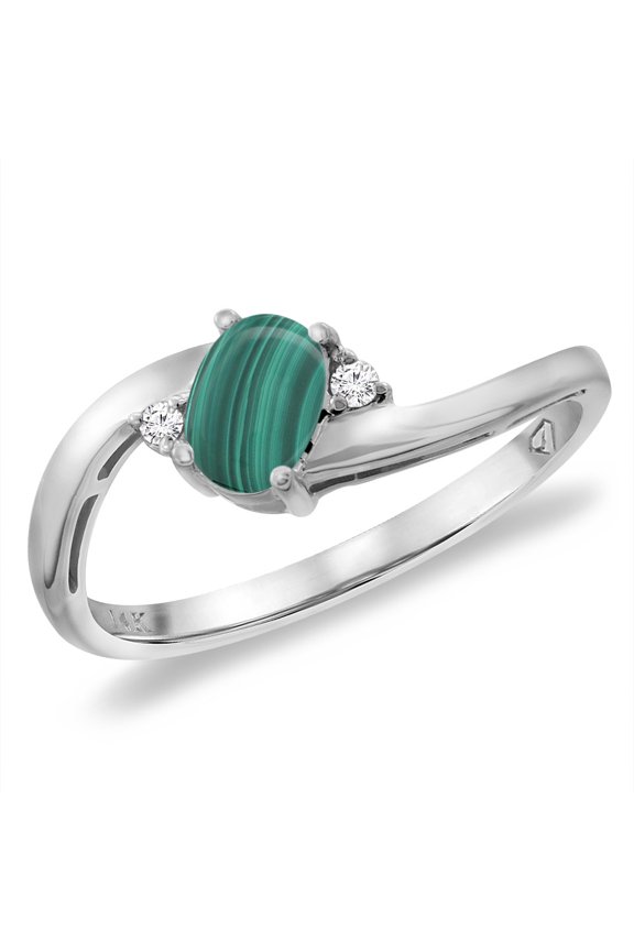 14K White Gold Diamond Natural Malachite Bypass Engagement Ring Oval 6x4 mm, size 9