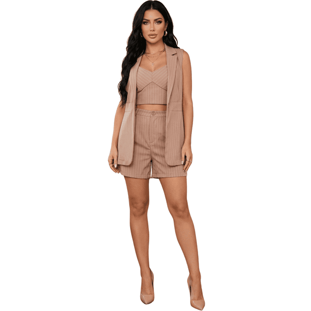 Conjunto 3 Piezas Chaleco, Top y Short, Estilo Casual Chic Moderno, Look Elegante para Mujer