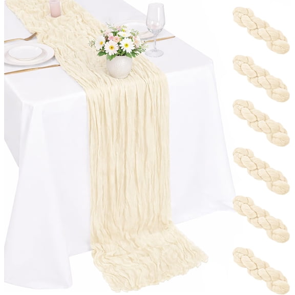 6 Pack Beige Cheesecloth Table Runner 120 Inch Boho Gauze Table Runner Long Sheer Fabric for Wedding Birthday Party Baby Shower Centerpiece Decoration