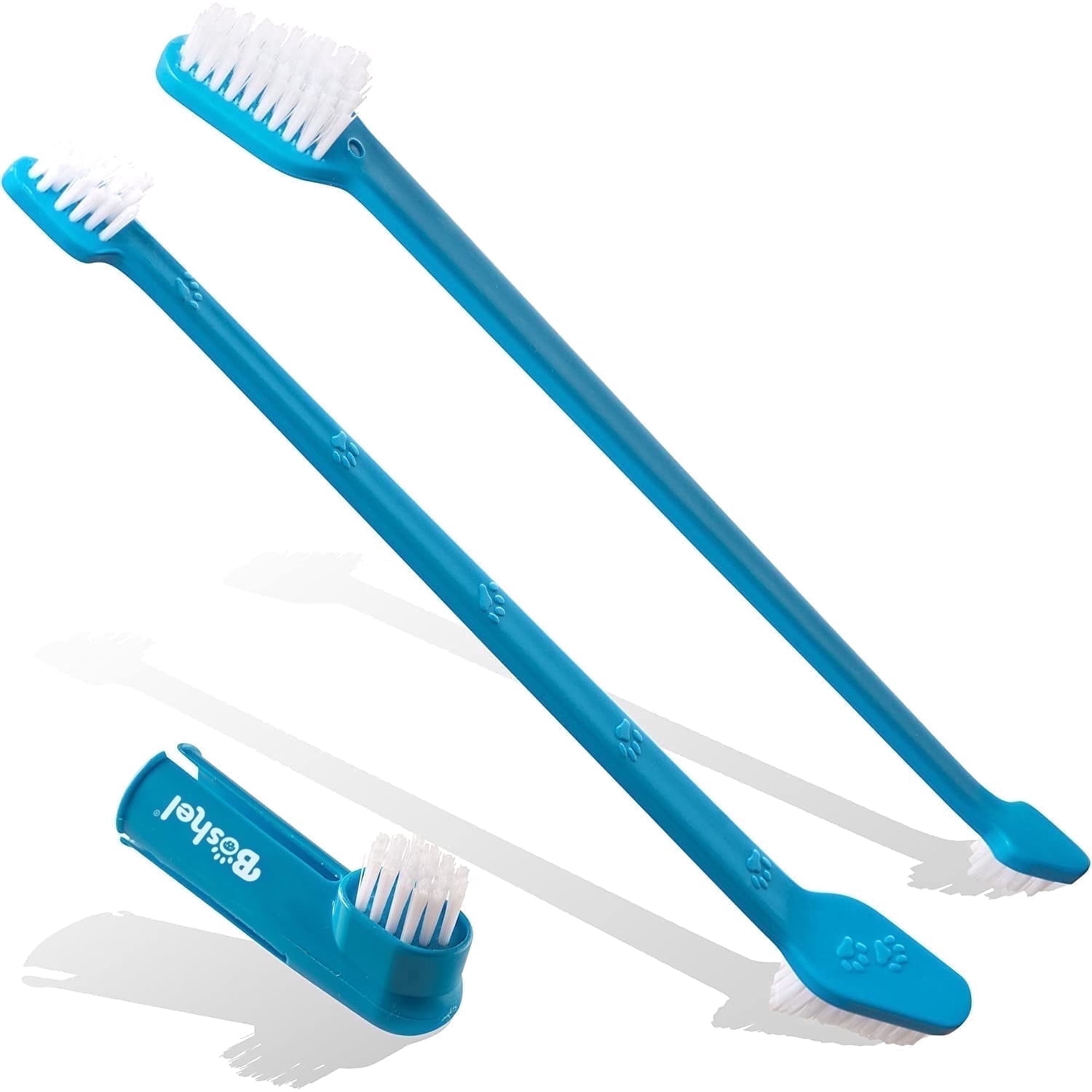 BOSHEL Dual-Headed Dog Toothbrush Pack, 2 Long-Handled Brushes + 1 Finger Toothbrush