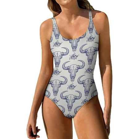 Buffalo Skull Women s One Piece Swimsuit Tummy Control Bathing Suit Backless Swimwear