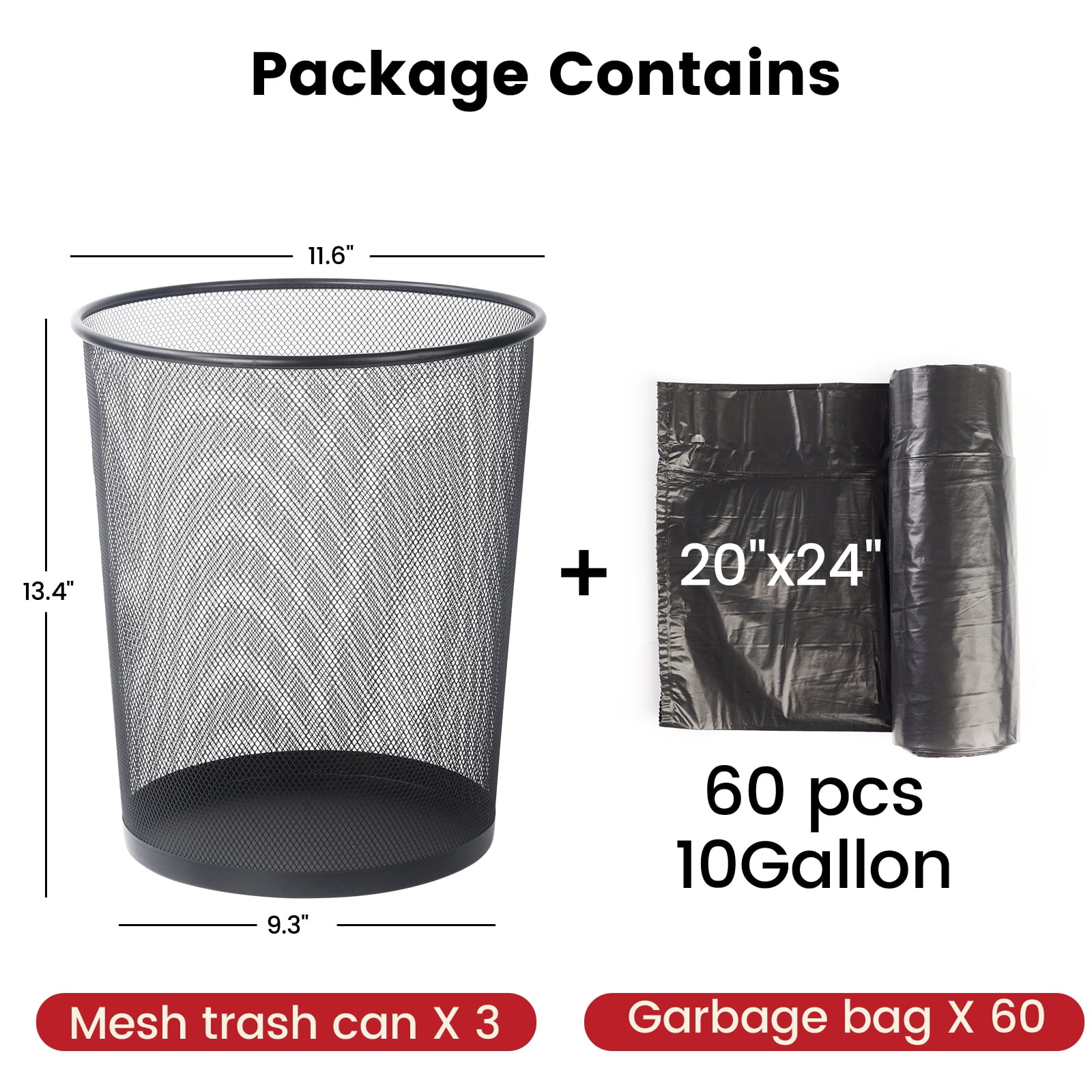 Gamexcel 5-Gallon Metal Mesh Trash Can 3 Pack, Round Open Top Black Waste Basket for Office, Bedroom and Bathroom