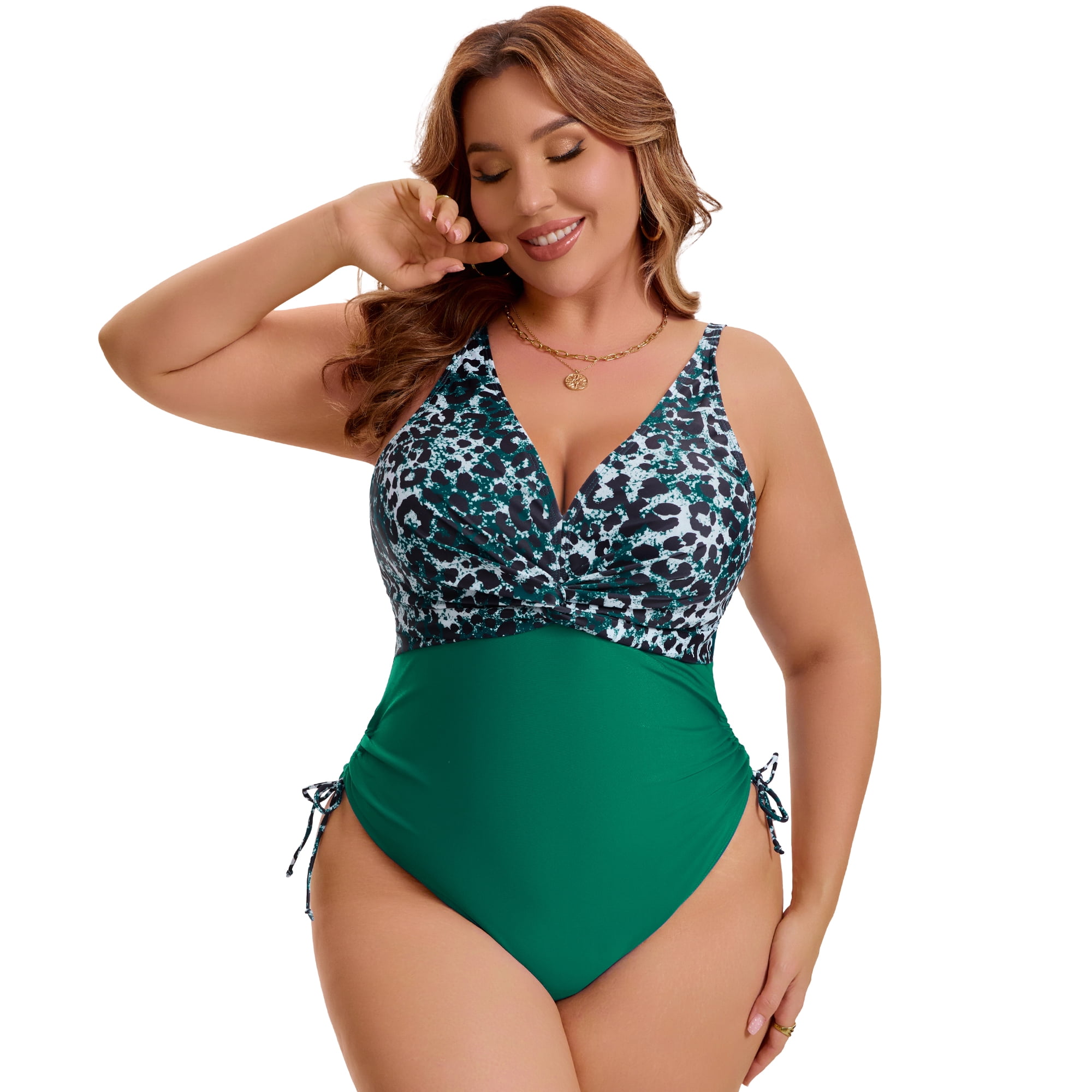 DARING DIVA Women's Plus Swimsuit with V Neck and Adjustable Push Up Design 3X Green