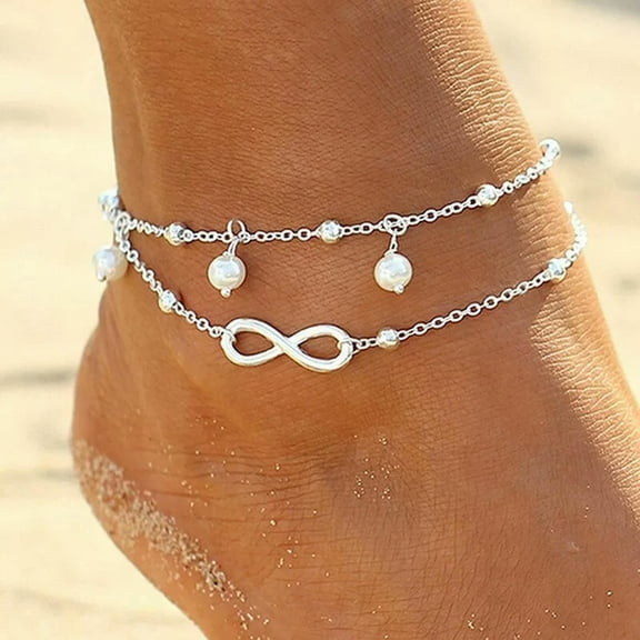 GKNET Boho Double Layer Infinity Pearl Ankle Bracelet Womens Anklet Foot Chain Beach