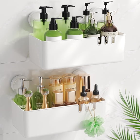 Shower Caddy 2 Pack, Aship Suction Cup Shower Caddy, No-Drill Removable Shower Organizer with Hook Slots, 22 lbs Heavy Duty Shower Shelf, Waterproof Bathroom Kitchen Shower Storage, White