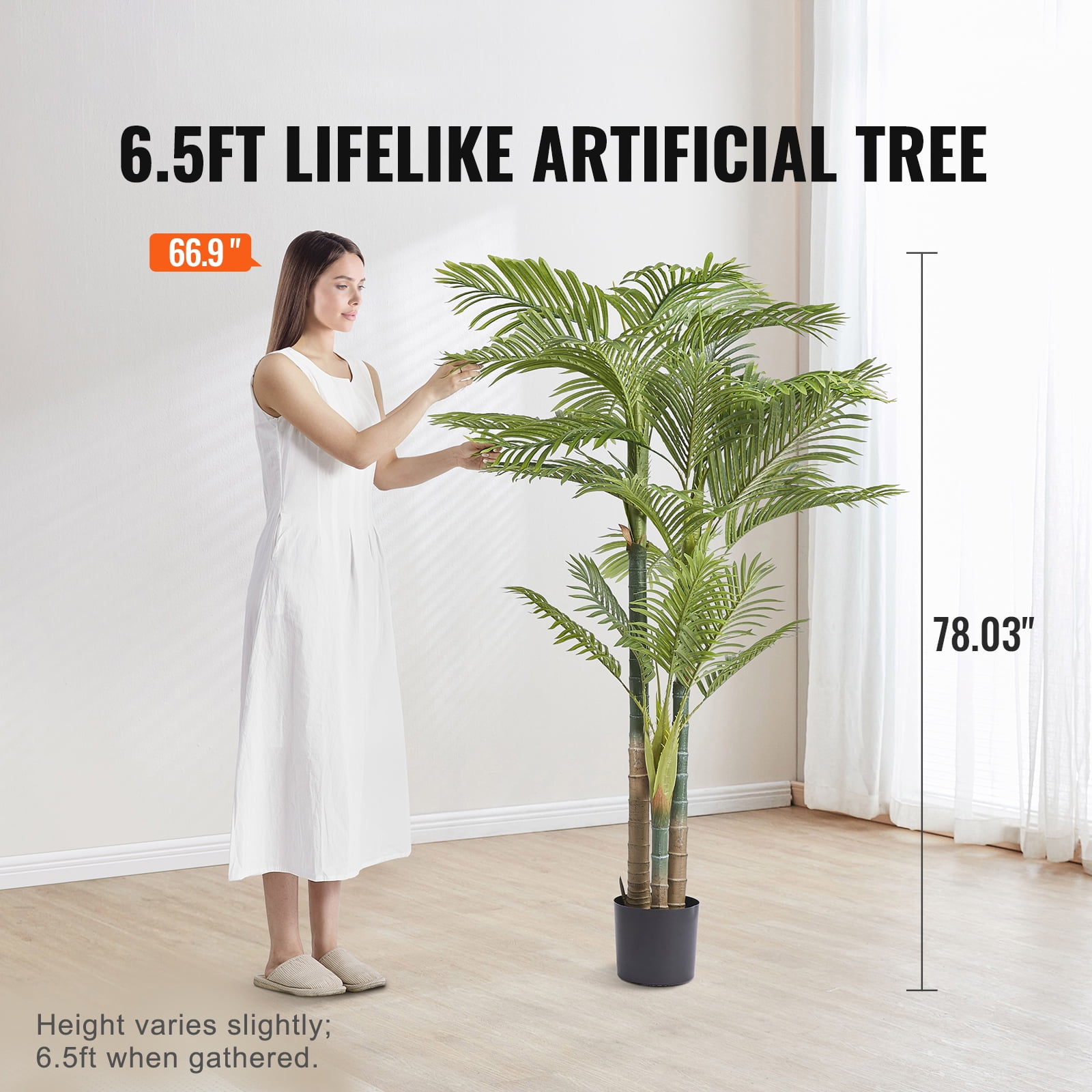 VEVOR 6.5 ft Artificial Gold Cane Palm Tree Green Faux Lifelike Fake Plant Decor