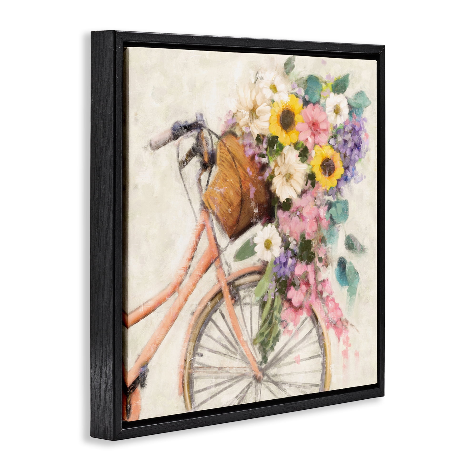Stupell Industries Flower Swathed Bicycle Transportation Painting Black Floater Framed Canvas Art Print Wall Art, 18 x 18