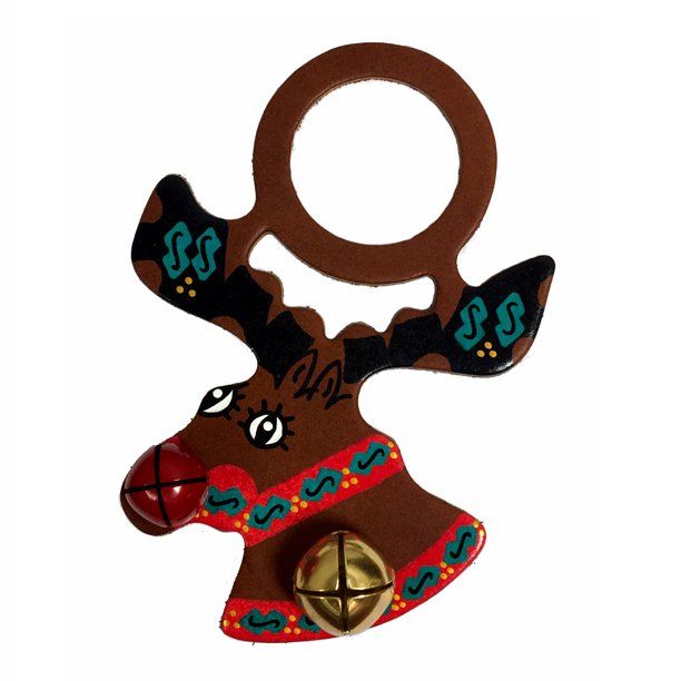 Reindeer Christmas Leather Sleigh Bell Door Knob Hanger Made in USA New