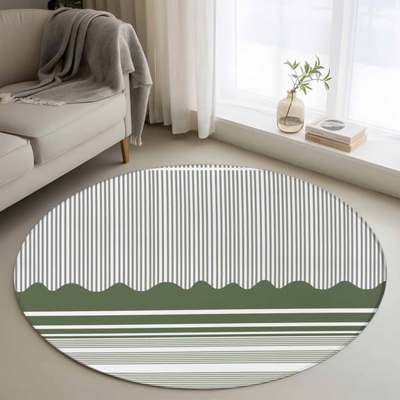 Dark Green Striped Round Area Rug 3.3Ft Washable Circle Rugs for Dining Room Table, Abstract Modern Geometric Stripes Non-Slip Carpet Floor Mats Indoor Outdoor Carpet Runner Aesthetic Home Decor