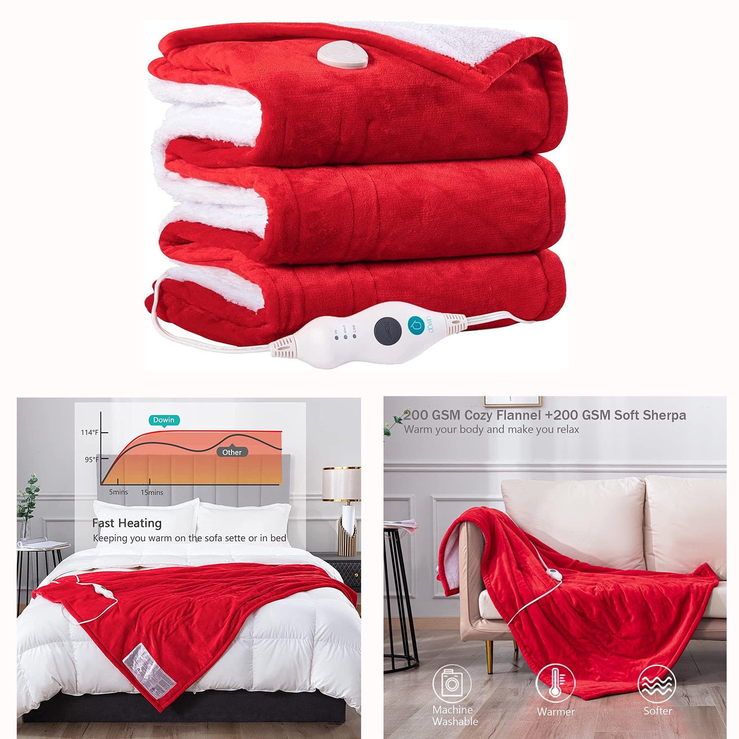 Heated Blanket 50" x 60" Flannel Fast Heating Blanket, 4 Heat Settings