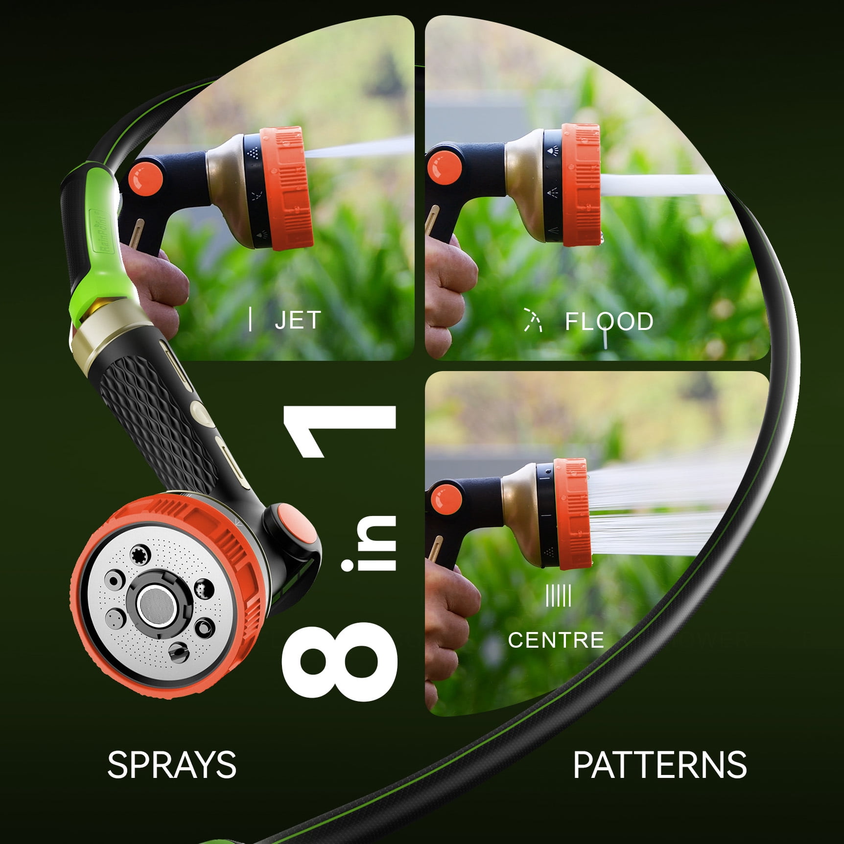 RainPoint Garden Hose Nozzle 8-Spray Patterns Thumb Control Heavy Duty Water Hose Sprayer Adjustable Flow for Watering Plants, Washing Cars