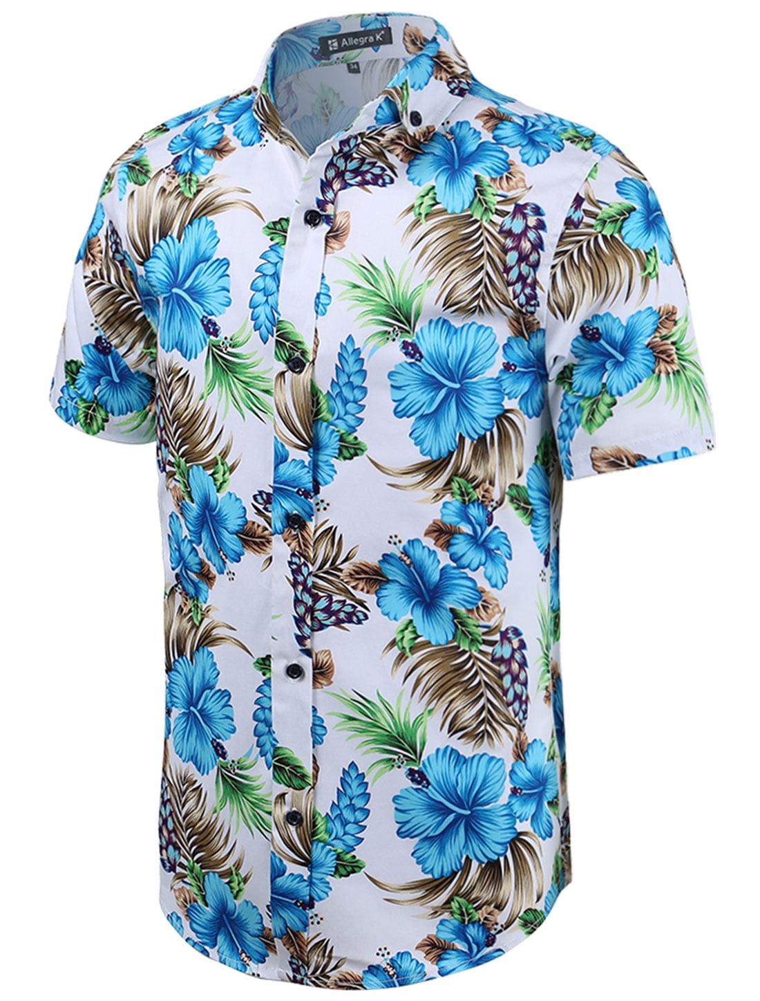 Men Summer Point Collar Button Down Flower Hawaiian Shirts White ...