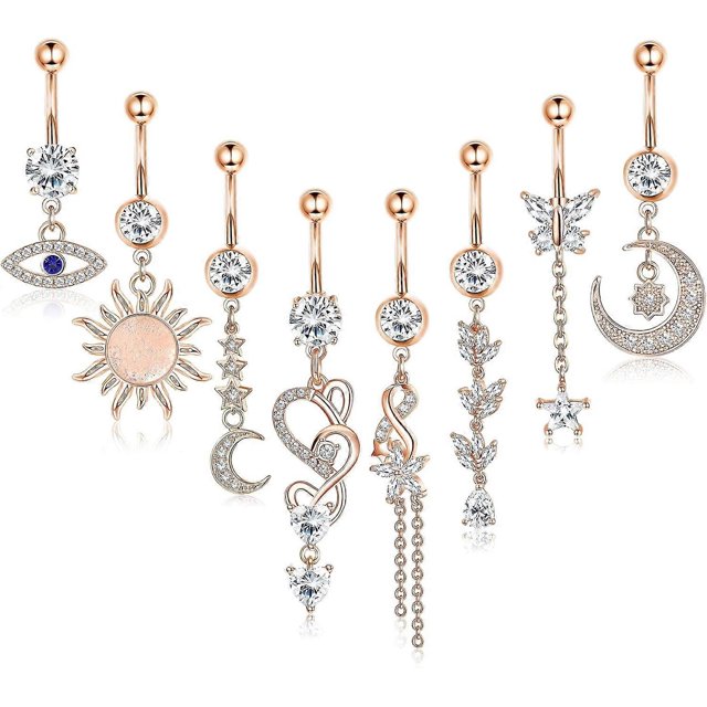 Heyone 8pcs Stainless Steel Dangle Belly Button Rings For Women Evil Eye Cz Navel Rings Barbell Cz Body Piercing Jewelry 14g