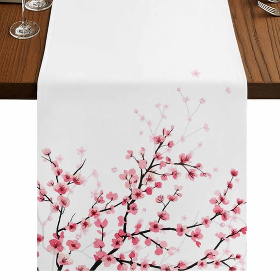 Table Runners 48 Inches Long Dress Scarves, Cherry Blossom Farmhouse Kitchen Table Runner, Short Coffee Tablerunners, Spring Pink Floral Branches Watercolor 13x48 Inch