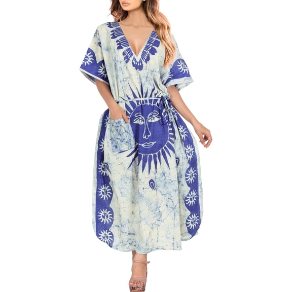 LA LEELA Women's Summer Pocket Nightgown Batik Caftan for Womens Sleepwear Long House Loungewear Dashiki Dress Plus Size 2X-3X Tie Dye, Blue