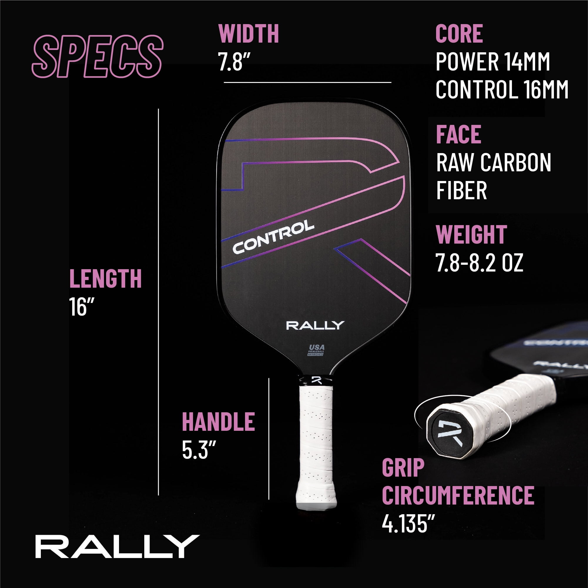 Rally Control Raw Carbon Pickleball Paddle – Carbon Fiber Face, 16mm Polypropylene Core, Enhanced Spin & Sweet Spot, 16" Length, 8oz Lightweight Design for Precision Players (Control - Purple)