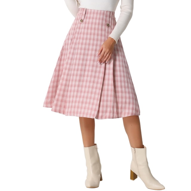Falda Midi Plisada de Cuadros de Cintura Alta INSPIRE CHIC para Mujeres Rosa S