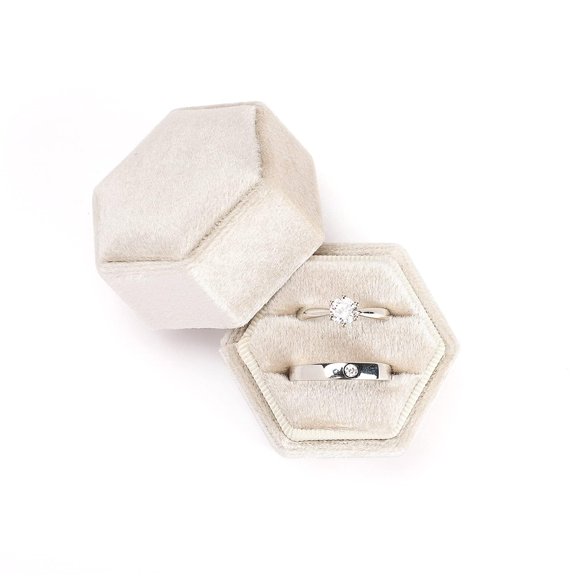 Lohol Velvet Jewelry Ring Box Hexagon Premium Vintage Double Ring Gift Box with Detachable Lid for Proposal Engagement Wedding Ceremony