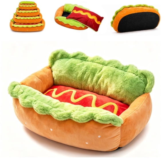 Hot Dog Dog Bed, Dachshund Small bun Dogs and Cats Bed, Plush Removable Washable Pet Bed, Soft Micro Suede & Corduroy Indoor Pet Sofa with Non-Slip Bottom for Puppies