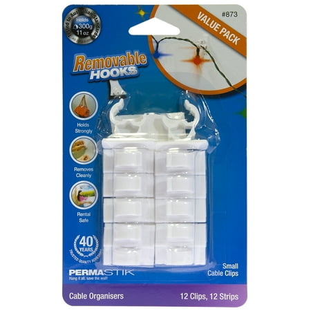 - PermaStik Small Cable Clips Value Pack, 12 Hooks & 12 Adhesive Strips, Holds 0.7 lbs Each, White