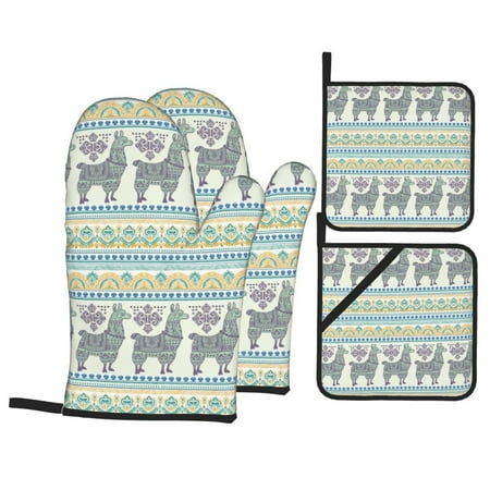 

Oven Mitts and Pot Holders 4 pcs Set exotic cute Alpaca Llama Vintage Heat Resistant Pot Holders Oven Mitts for kitchen Non-Slip Hanging Loop Oven Glove Potholders for Baking Cooking