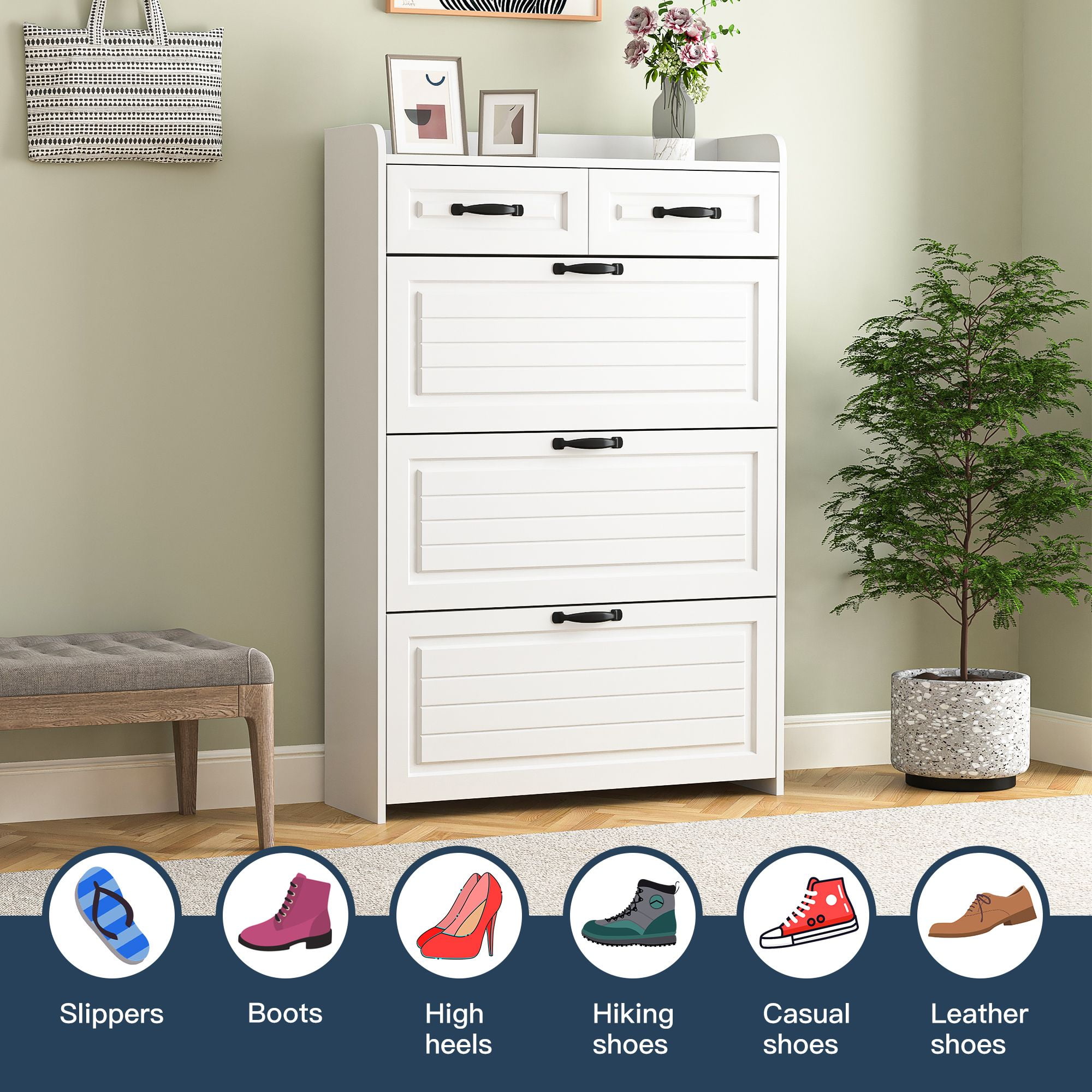 Demi Bonn Narrow Shoe Storage Cabinet, Shoe Cabinet for Entryway with 3 Flip Drawers, Wood Hidden Freestanding Shoe Organizer for Hallway, Bedroom, Apartment, White