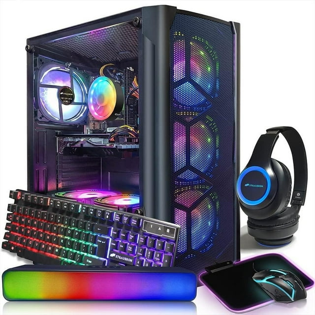 STGAubron Gaming PC Diamond Black,Intel Core i7 up to 3.8G,Radeon RX580 8G,16G,1TB SSD,WiFi,BT 5.0,RGB Fan x 6,RGB KB&MS&MS Pad,RGB BT Sound Bar,RGB BT Gaming Mic,W10H64