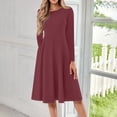 thumbnail image 2 of Kddylitq Long Sleeve Midi Dresses for Women 2024 Fashion Solid Color Pleated Dress Casual Plus Size Crewneck Dress with Pockets Wine S, 2 of 5