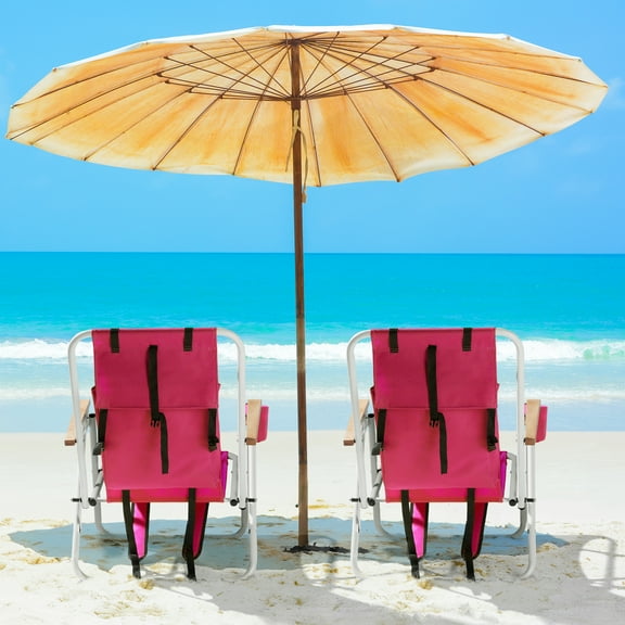 Folding Beach Chair Set of 2 Pink Portable Backpack Chairs 4 Position Recliner with Headrest Cup Holder and Wooden Armrests for Adults Camping Beach Backyard Concert Travel Lightweight 8.8 lbs Each