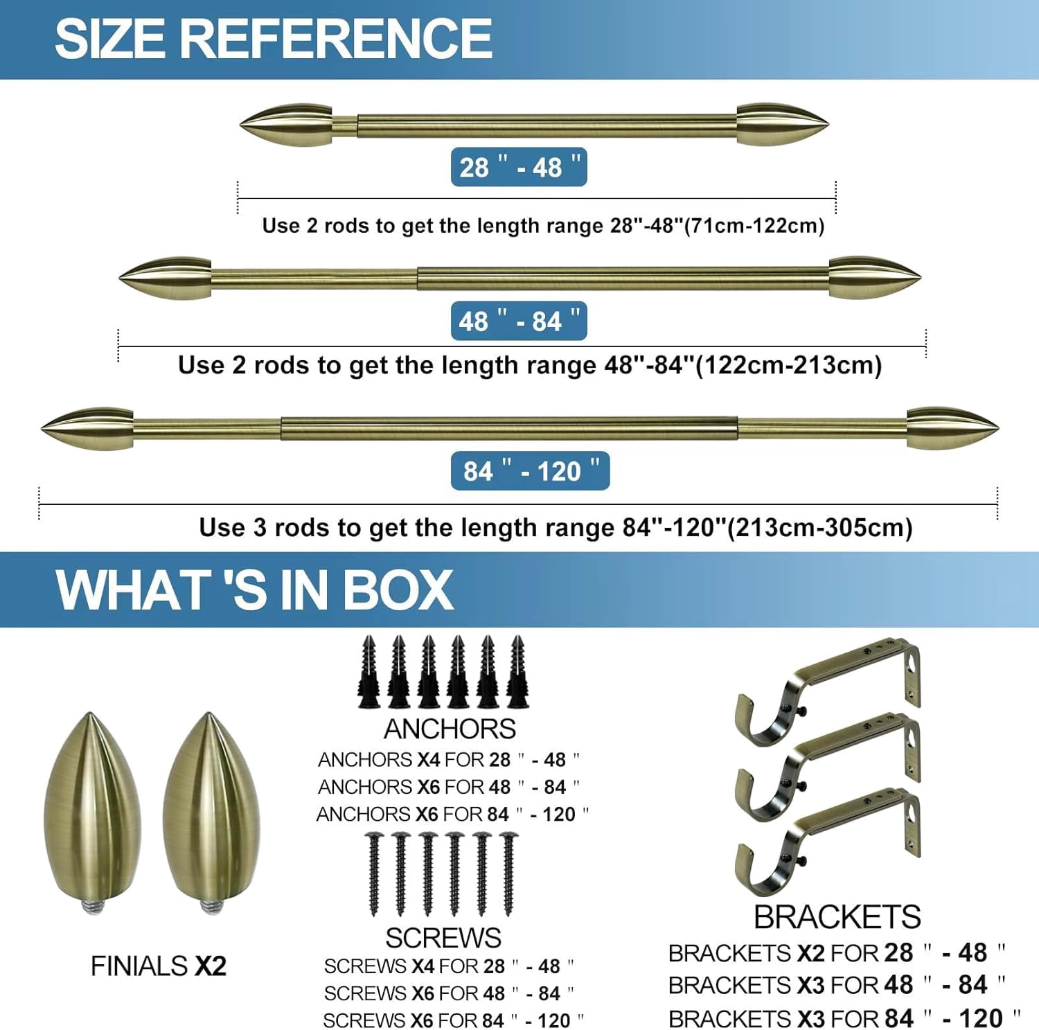 Urbanest Adjustable Single Curtain Rod Set Bullet Finials – 5/8-Inch Diameter, With Antique Brass Rod, 48–84 Inches