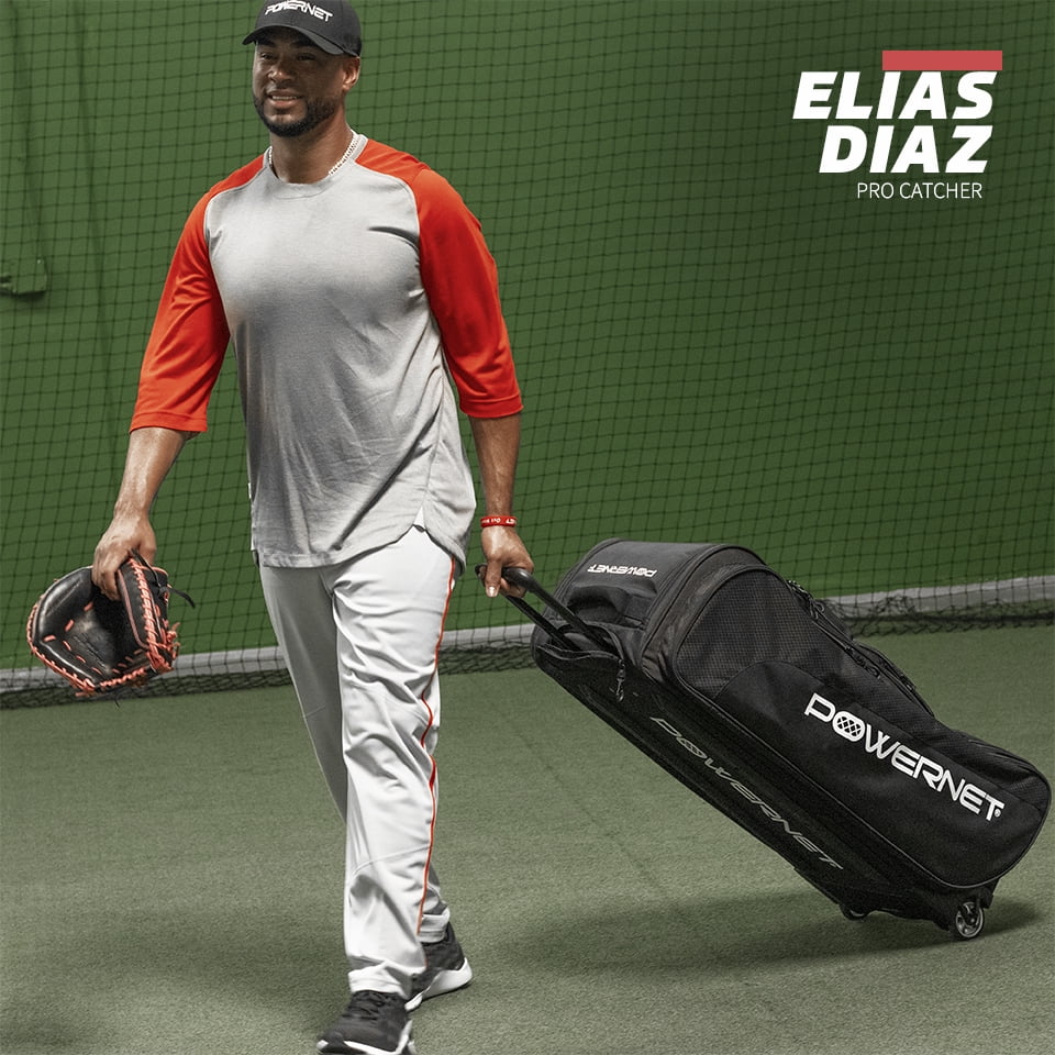 PowerNet Optimus Catcher's Gear Bag, Rolling Baseball Bag Holds All Softball Baseball Gear, Baseball Accessories, 7 Bat Sleeves, Cleat Pocket & Hooks