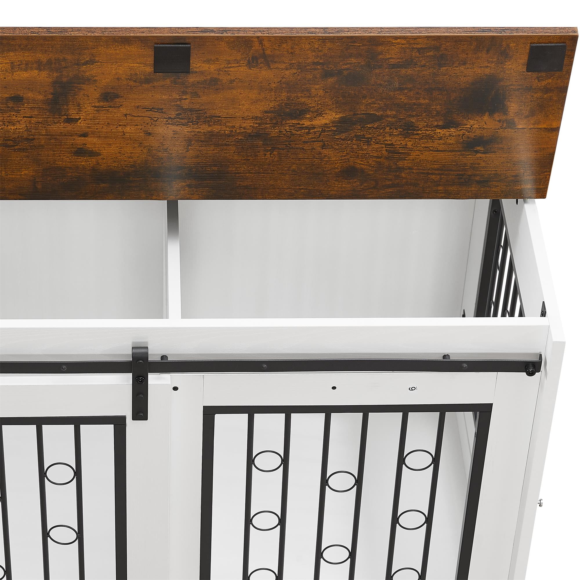 Pefilos 39" Sliding Door Dog Crate with Partition for Two Puppies, Furniture Style Dog Cage with Wheels, Indoor Kennel, White + Brown Pefilos 39" Sliding Door Dog Crate with Partition for Two Puppies, Furniture Style Dog Cage with Wheels, Indoor Kennel, White + Brown
