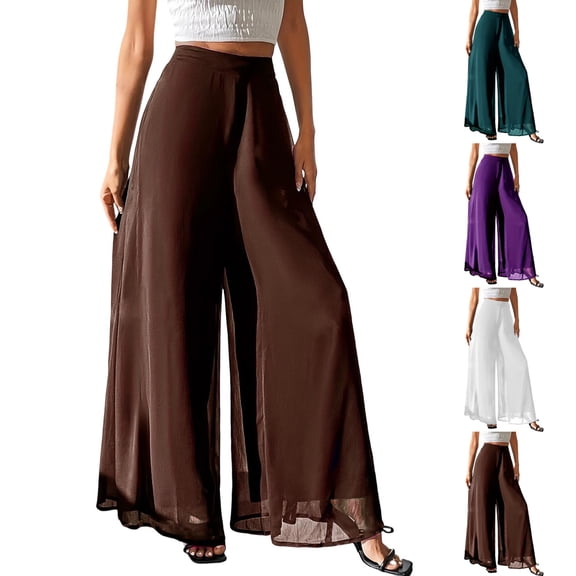 Miluxas Women's Chiffon Wide Leg Palazzo Pants Summer Beach Vacation Culottes Solid Casual Dressy Pants Zipperd Waist White