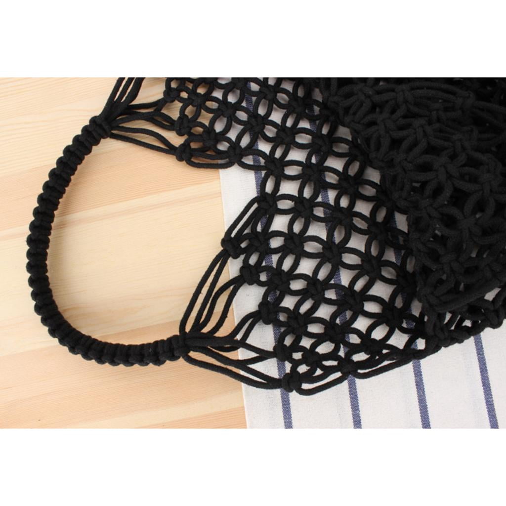 Boho Handmade Cotton Beach Knitting Bucket Bag Purse Woven Bag Tote for Women Hand-woven Crochet Handbag Black