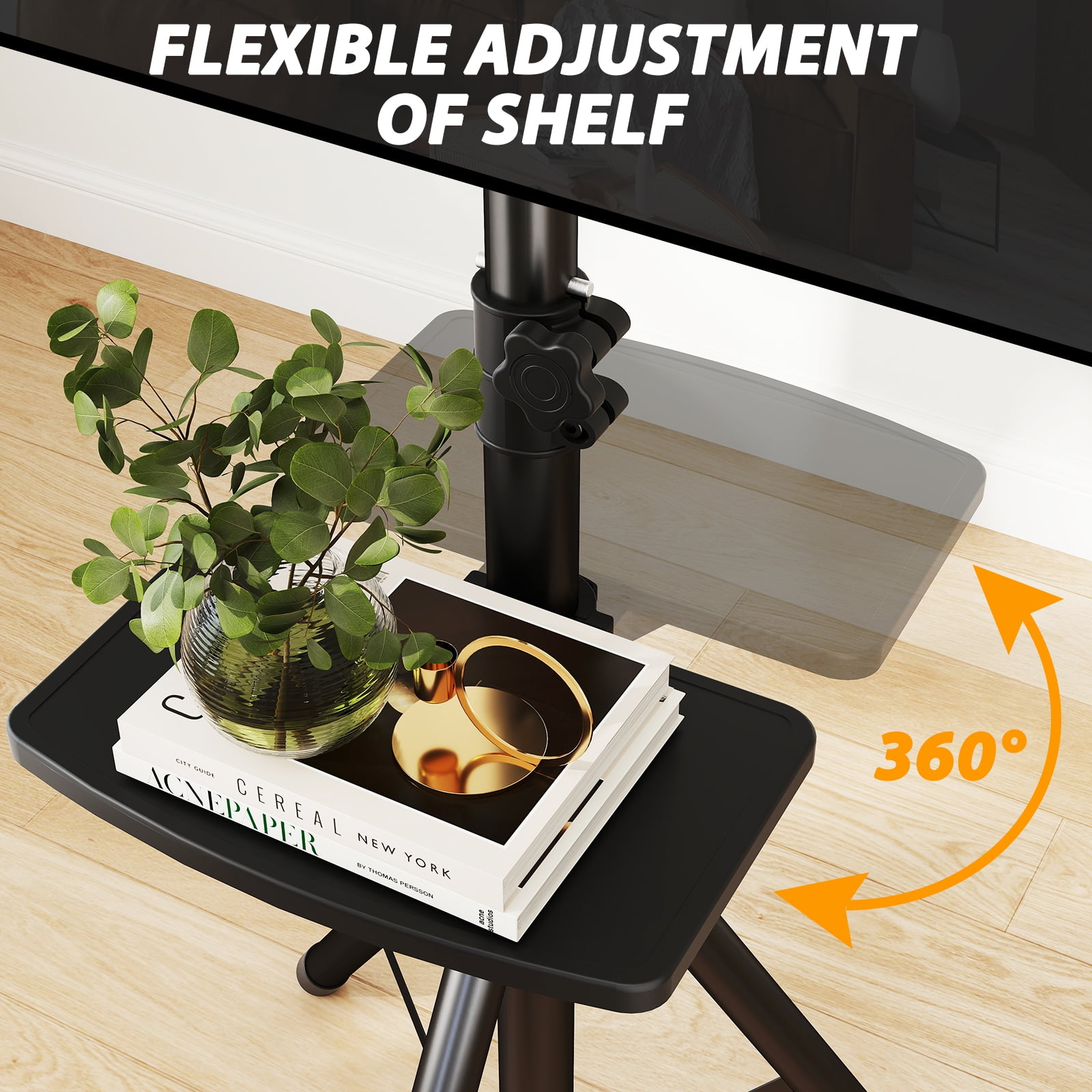 RTVR TV Tripod Stand with Mount for 23-75" TVs up to 100lbs, Height Adjustable Tilt Rotating Shelf & Non-Slip Base for Home, Max VESA 600x400mm, Black
