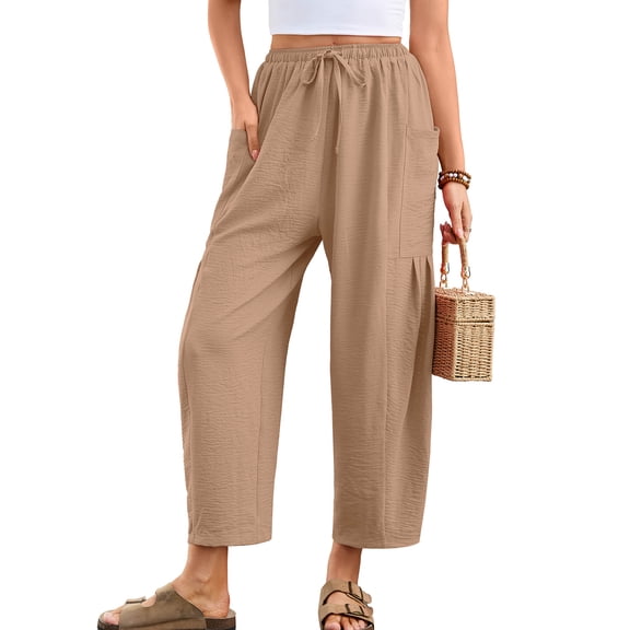 Chiclily Women's High Waisted Palazzo Pants Casual Loose Light Khaki Wide Leg Trousers with Pockets Drawstring Flowy Pants, Size L