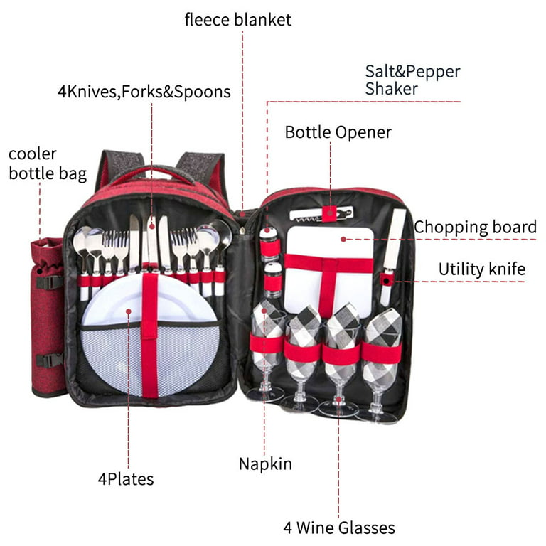 Picnic Backpack Set for 4 Person with Cooler Compartment, Picnic Bag with Waterproof Pouch, Insulated Bottle/Wine Holder, Fleece Blanket and Cutlery