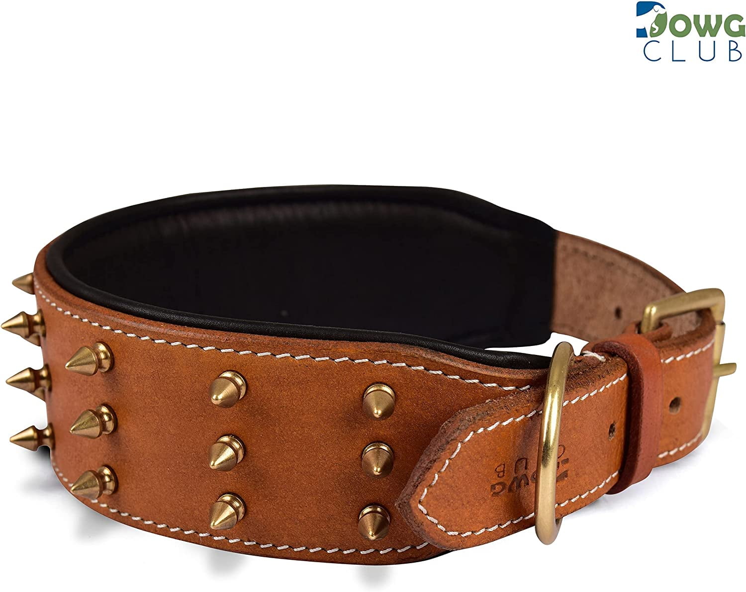 DowgClub | Genuine Leather Heavy Duty Spiked Dog Collar | Full Grain, Cushion Sheep napa padding Inside, Comfortable, Strong | Best for Medium, Large, X-Large Breeds | Cherry, Black, Pink, Tan |
