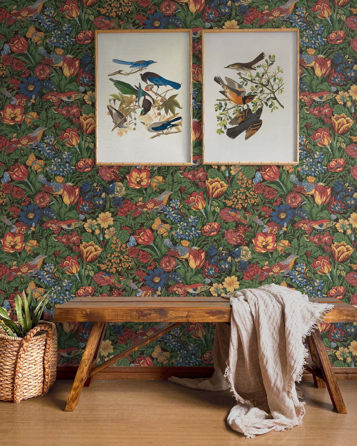 NextWall  Bird Floral Peel and Stick Wallpaper 20.5 in. W x 18 ft. L - Carmine & Blue Lagoon