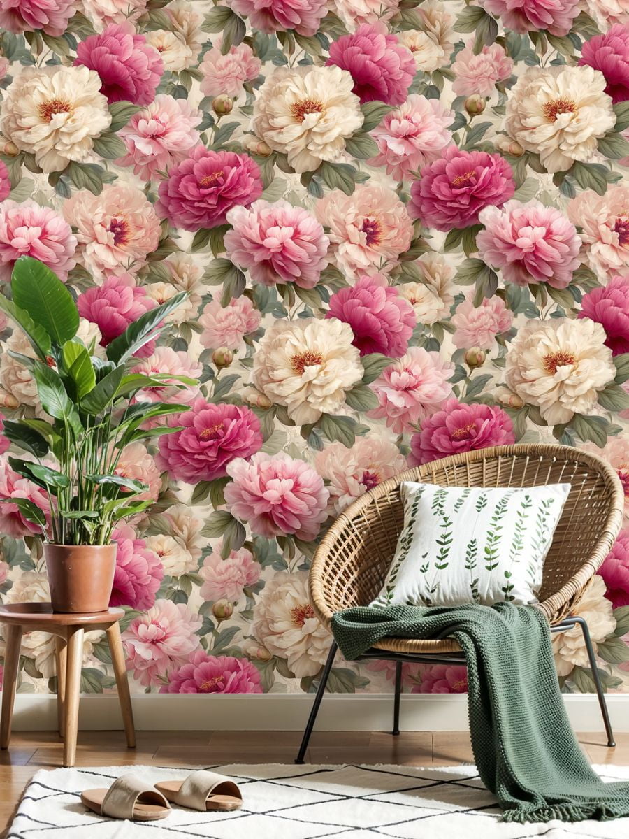 Peel and Stick Wallpaper 17.7in x 9.8ft Floral Peony Soft Pink Cream Flowers Contact Paper Vinyl Self-Adhesive Removable Wall Paper for Bedroom Kitchen Cabinet Décor Renter Friendly