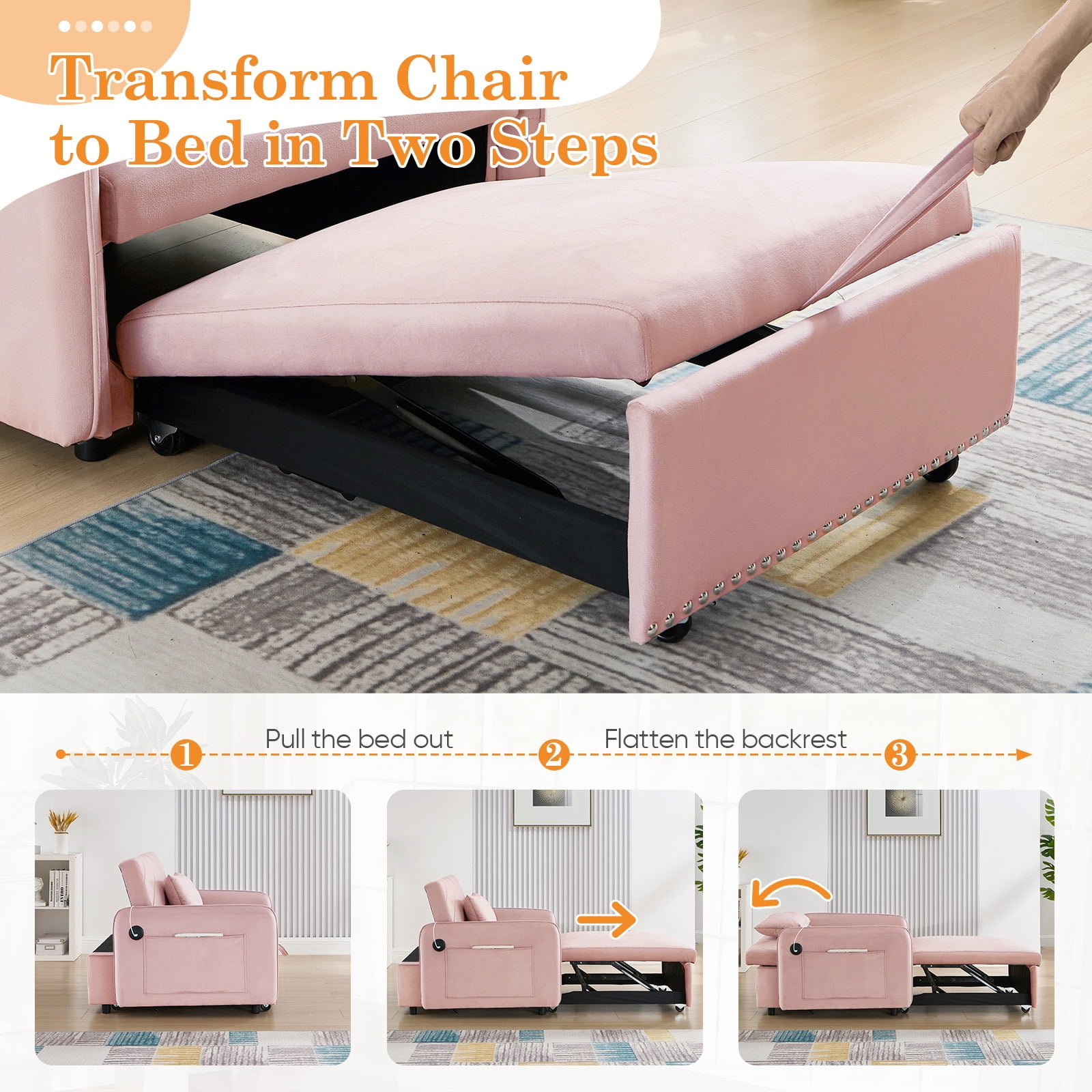 Lunale Convertible Sleeper Chair Bed, Indoor Lounge Chair with USB, Velvet Single Sofa Bed, Pink