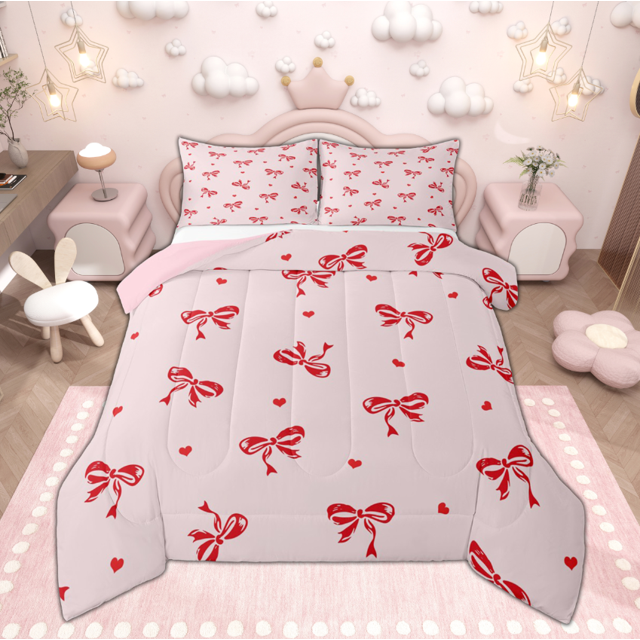 Manfei Ensemble de Douillette avec Ruban Nœud Rouge pour Filles, Ensembles de Douillette Simple avec Jolis Cœurs, Ensemble de Literie Style Princesse Rose, Déco Maison Ultra Douce, Réversible 2 Pcs