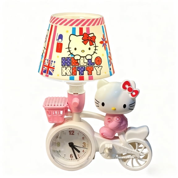 H28*W19*D13cm Cartoon KT Cat Riding Bicycle Night Light Plug-in Alarm Clock Desk Lamp LED Light Bedroom Cute Bedside Lamp Sweet Gift