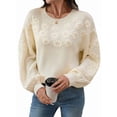 thumbnail image 3 of Womens Ribbed Sweater Crew Neck Short Sleeve Loose Fit Floral Knit Pullover Tops Cream White XL, 3 of 9