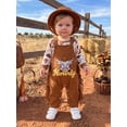 thumbnail image 5 of RUINIXCW Western Newborn Baby Boy Cowboy Outfit Infant Boys Spring Fall Winter Clothes Cow Head Print Long Sleeve Romper Tassel Overall Pants Hat Set, 5 of 10