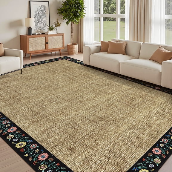 HOMERRY Large Floral Border Non-Shedding Area Rug 9' x 12' for Living Room Washable Indoor Carpet, Yellow