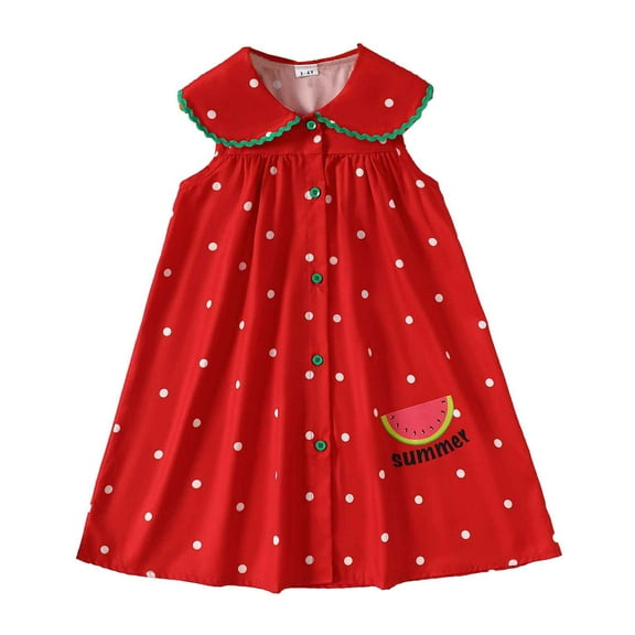 RUTAYY Children Girls Summer Dresses Polka Dot Sleeveless Petal Vest Dress With Watermelon Print Casual Chic Dress, Red, 5-6 Years