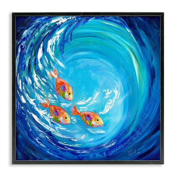 Stupell Industries Into The Blue Fish Landscape Painting Black Framed Art Print Wall Art, 12 x 12